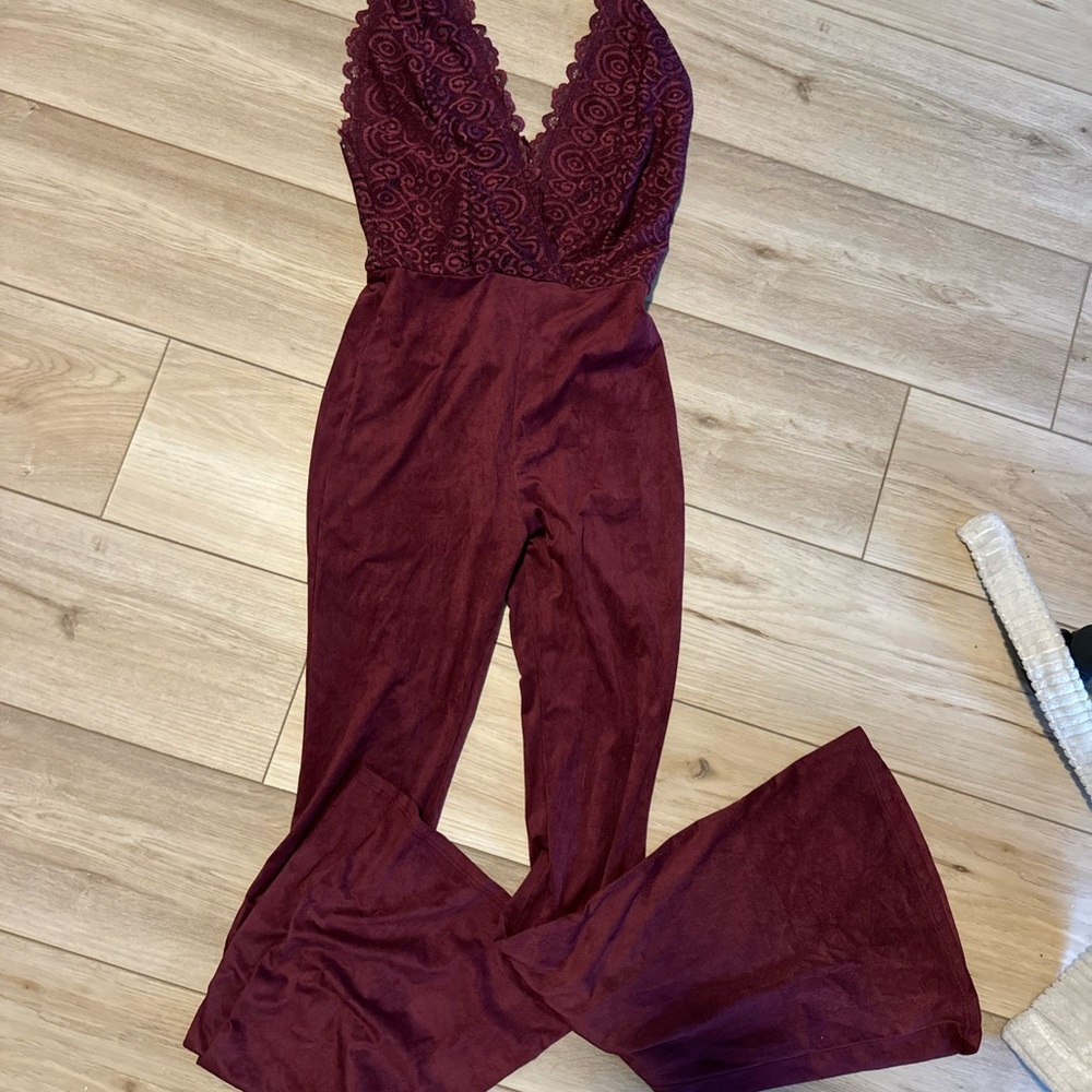 Love Culture Red Lace Jumpsuit with Flared Legs
